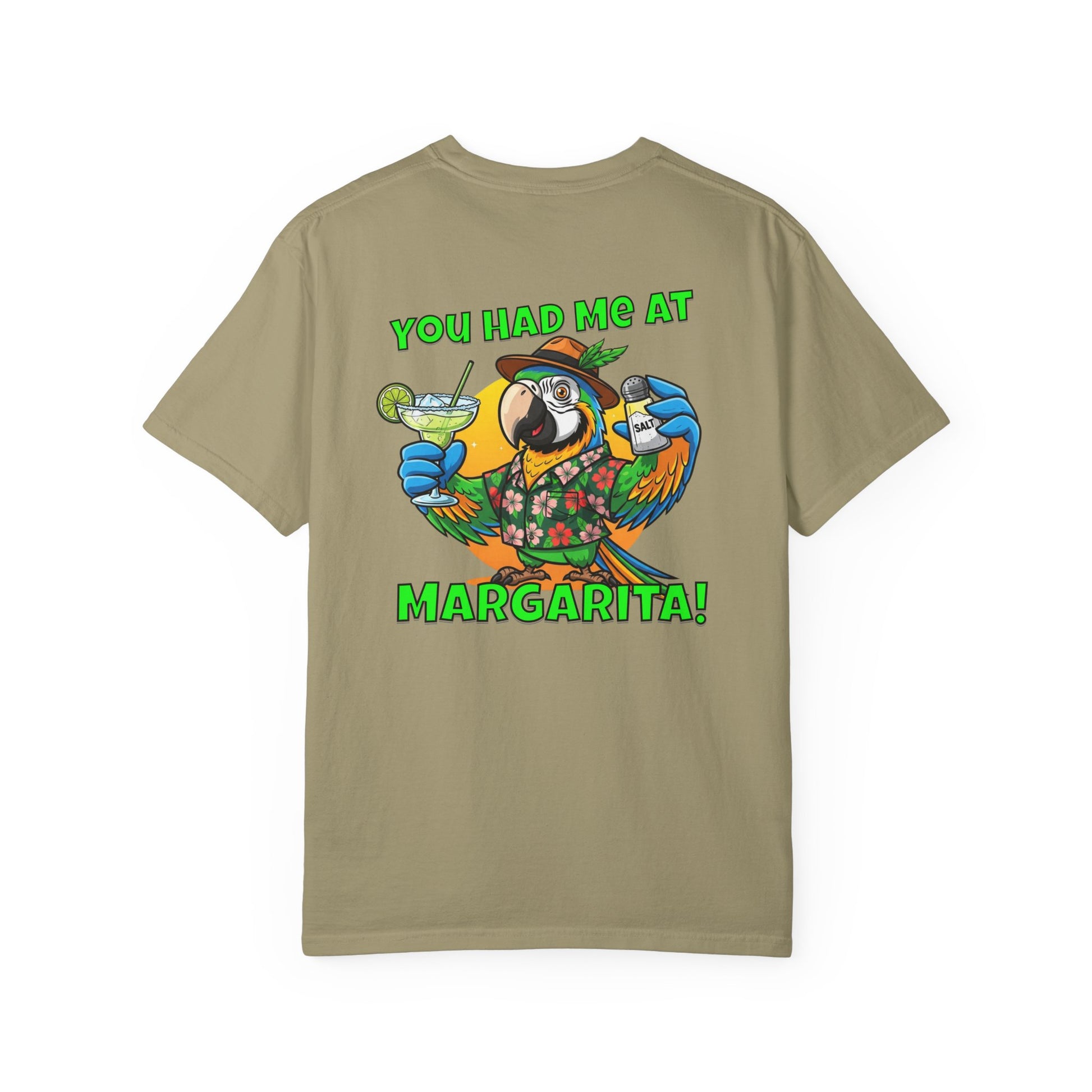 Khaki t-shirt with a parrot graphic and text on the back, on a white background
