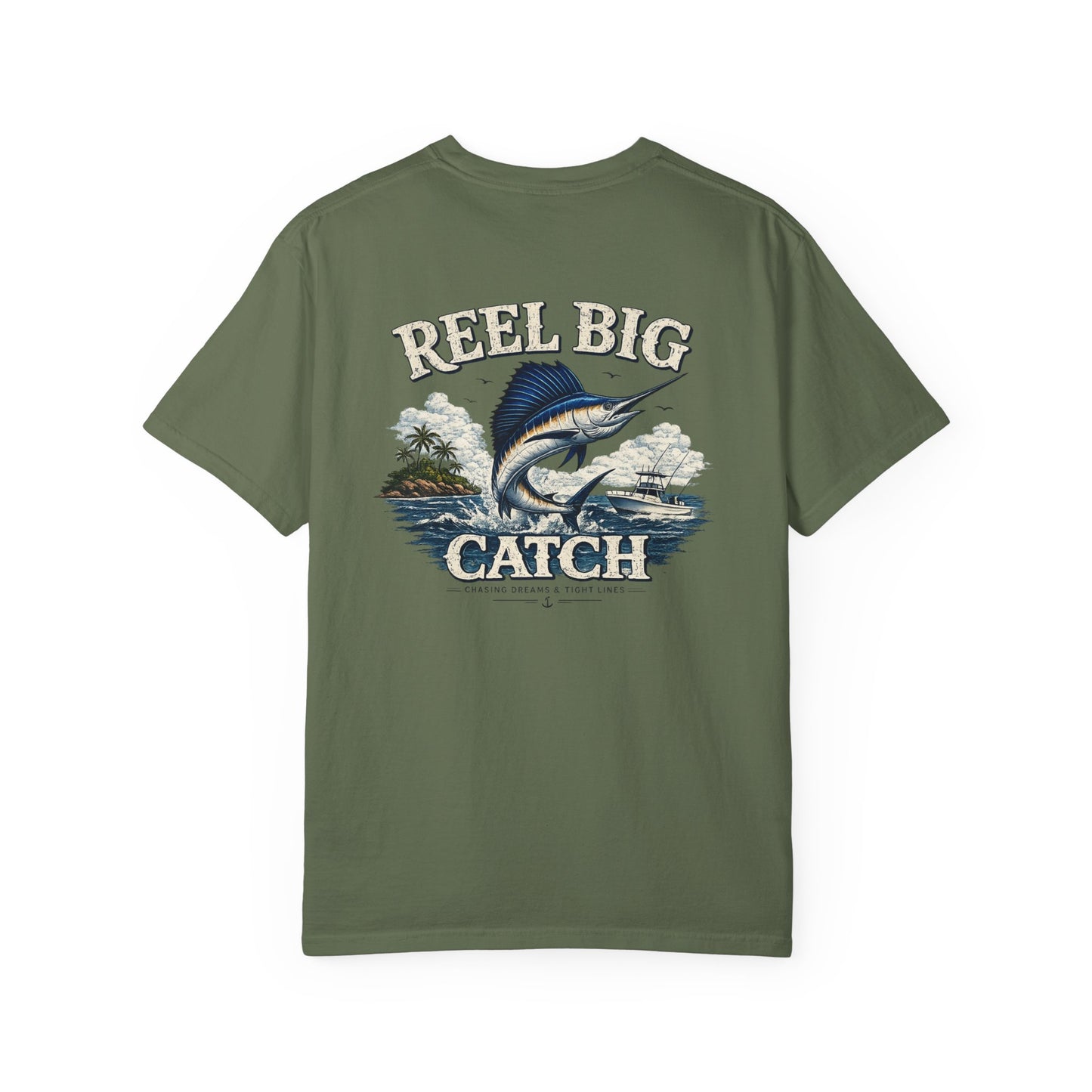 Green t-shirt with 'Reel Big Catch' graphic design on a white background