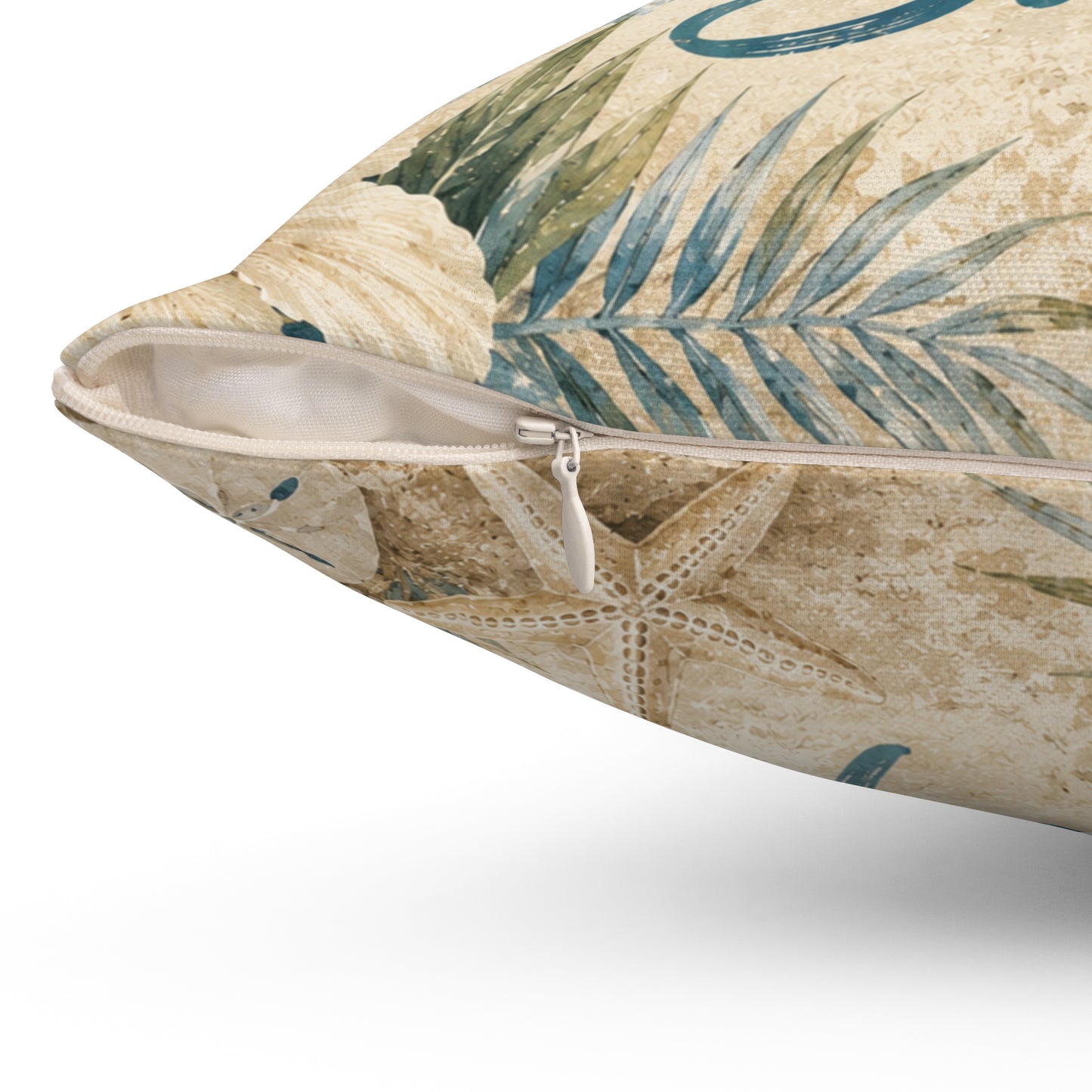 Square polyester pillow with tropical coastal print, zipper closure on edge