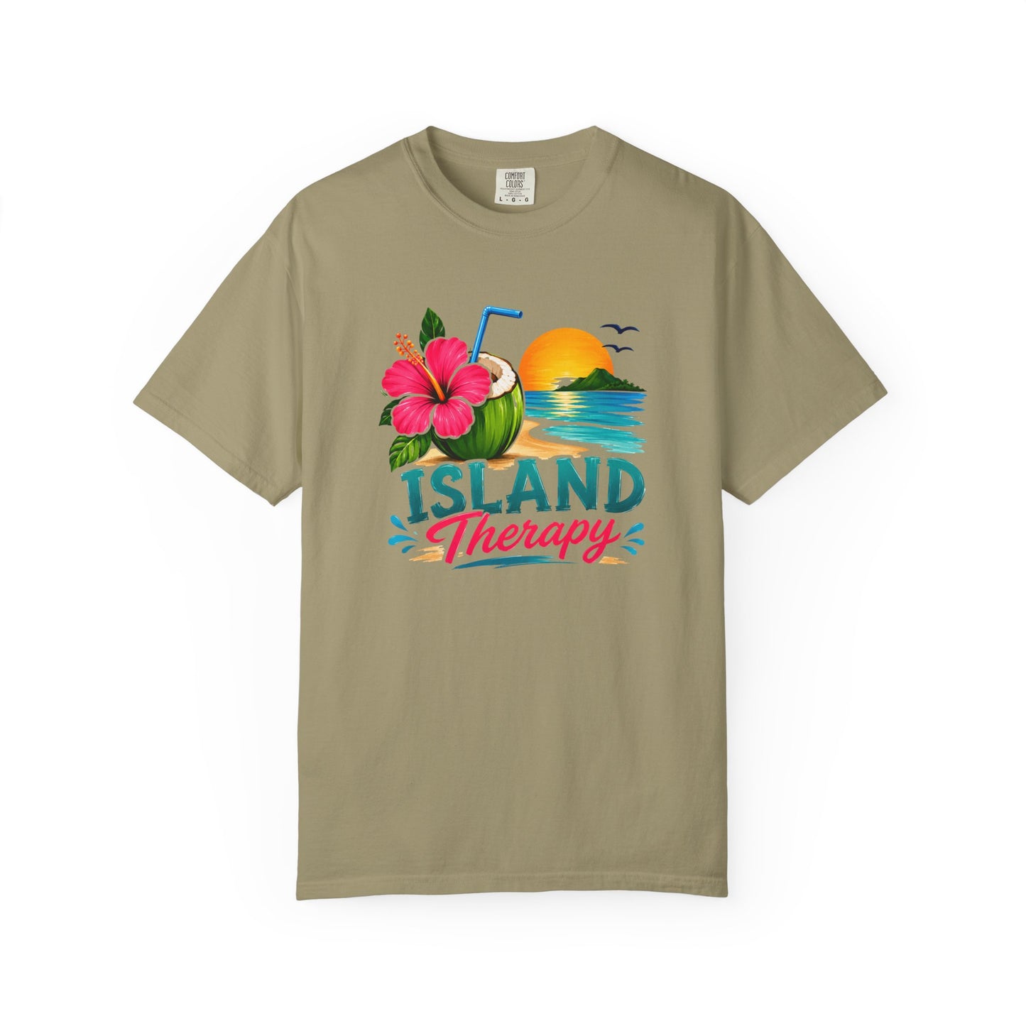 Island Therapy T‑Shirt — Tropical Sunset Coconut Drink Beach Tee