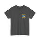 Dark gray t-shirt with a fishing-themed graphic on a white background