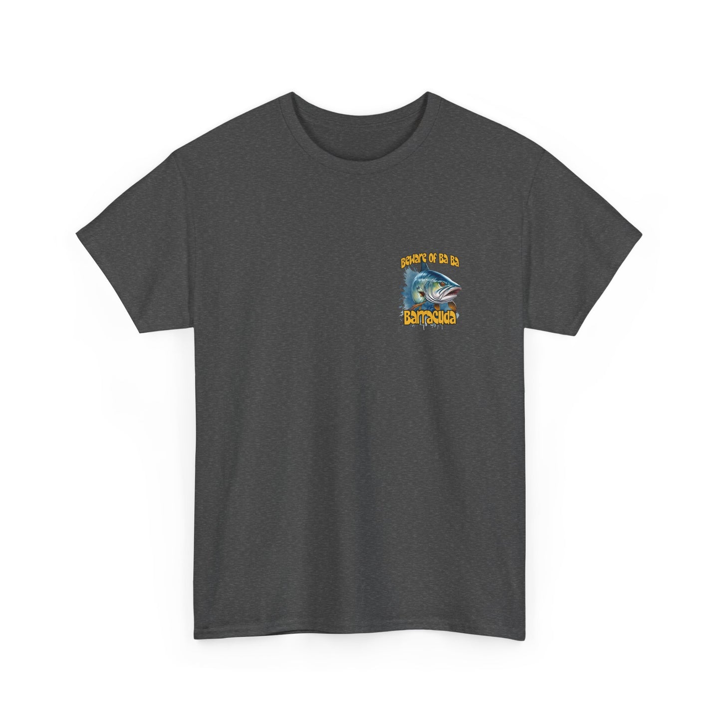 Dark gray t-shirt with a fishing-themed graphic on a white background