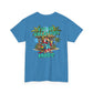 Blue t-shirt with a tropical graphic and text on the back
