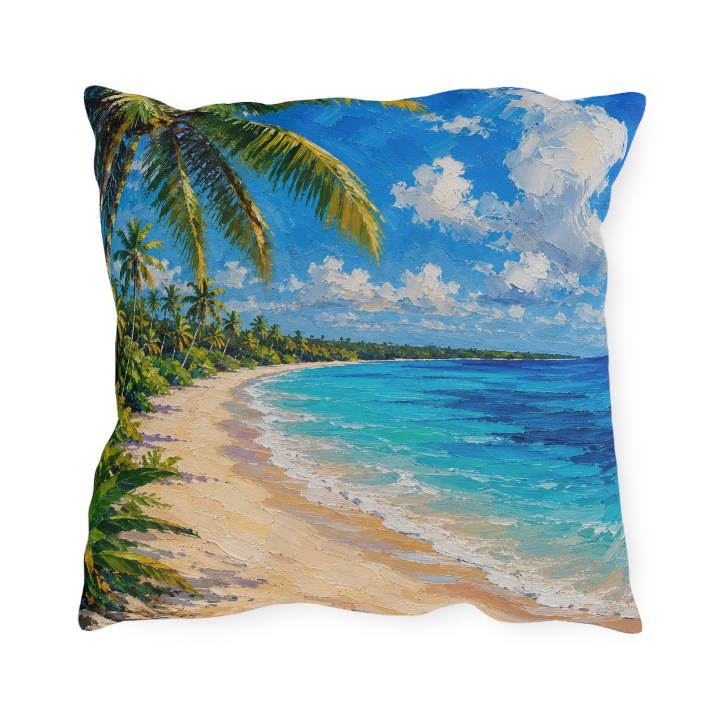 Tropical Caribbean Beach Outdoor Pillow — Coastal Palm Tree Seaside Decor