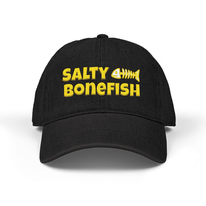 Black cap with 'Salty Bonefish' text in yellow on a white background