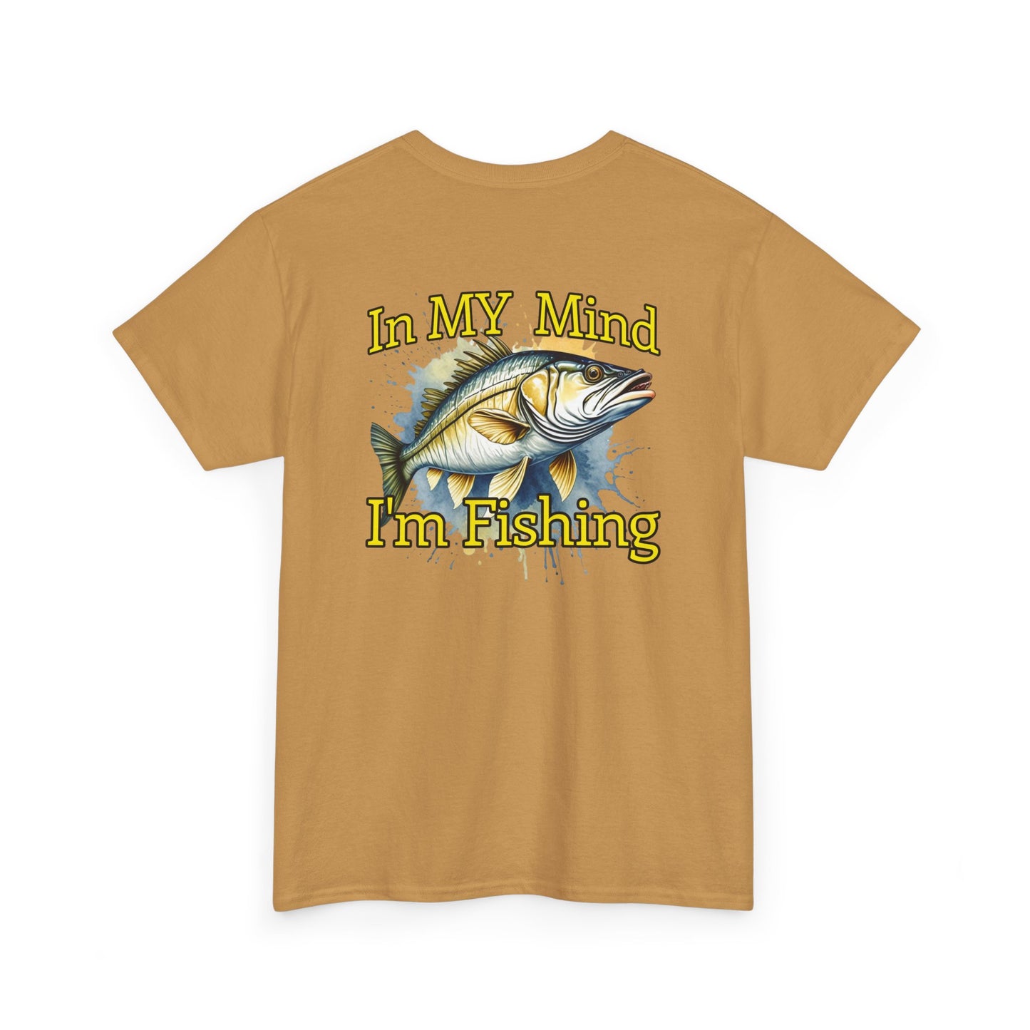 Brown t-shirt with a fish graphic and text 'In MY Mind I'm Fishing' on a white background