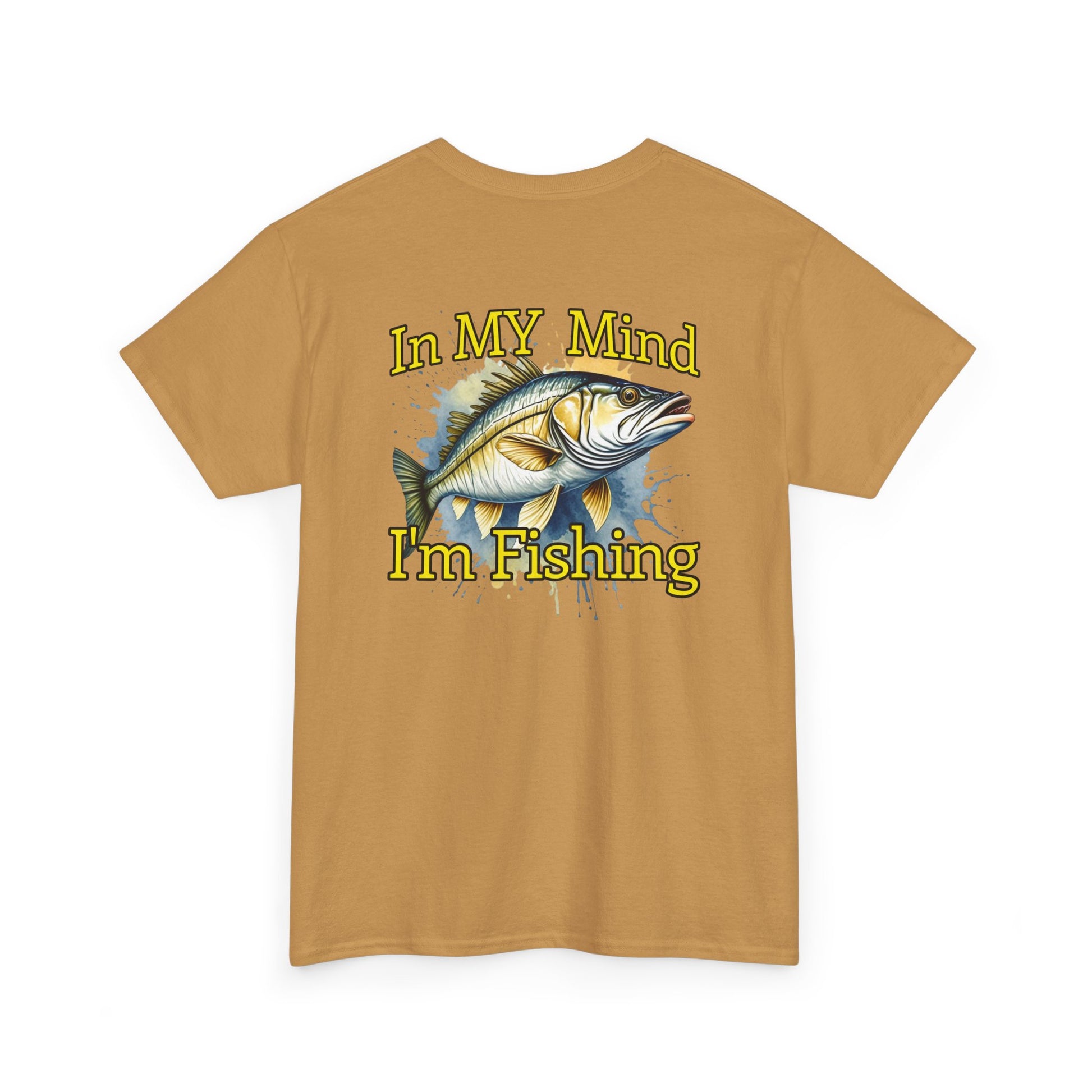 Brown t-shirt with a fish graphic and text 'In MY Mind I'm Fishing' on a white background