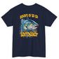 Navy blue t-shirt with barracuda graphic and text on a white background