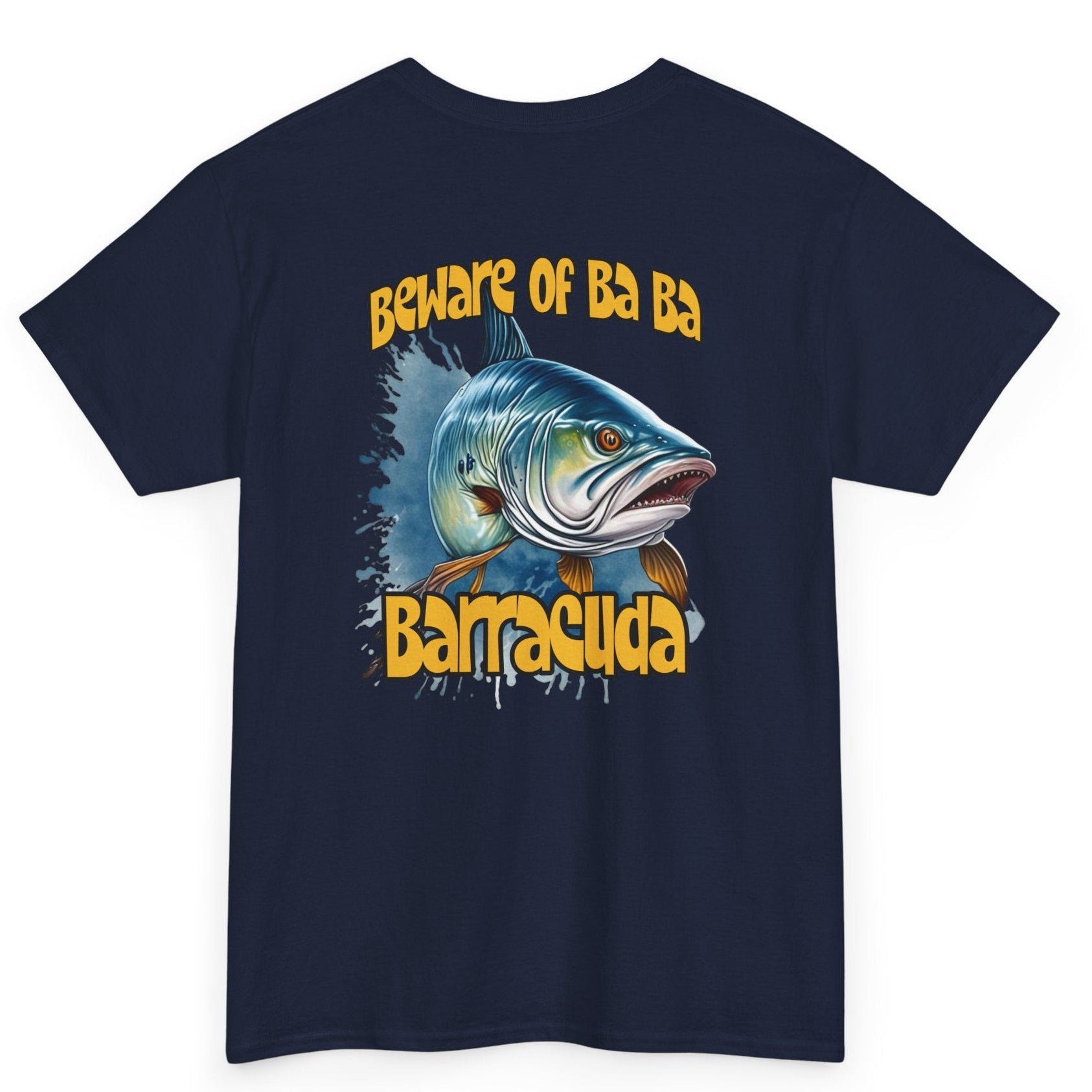 Navy blue t-shirt with barracuda graphic and text on a white background