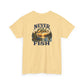 A pale yellow short-sleeve t-shirt with a vintage-style graphic on the front featuring a fisherman in a boat on a lake at sunset, framed by the text 'NEVER TOO OLD TO FISH'.