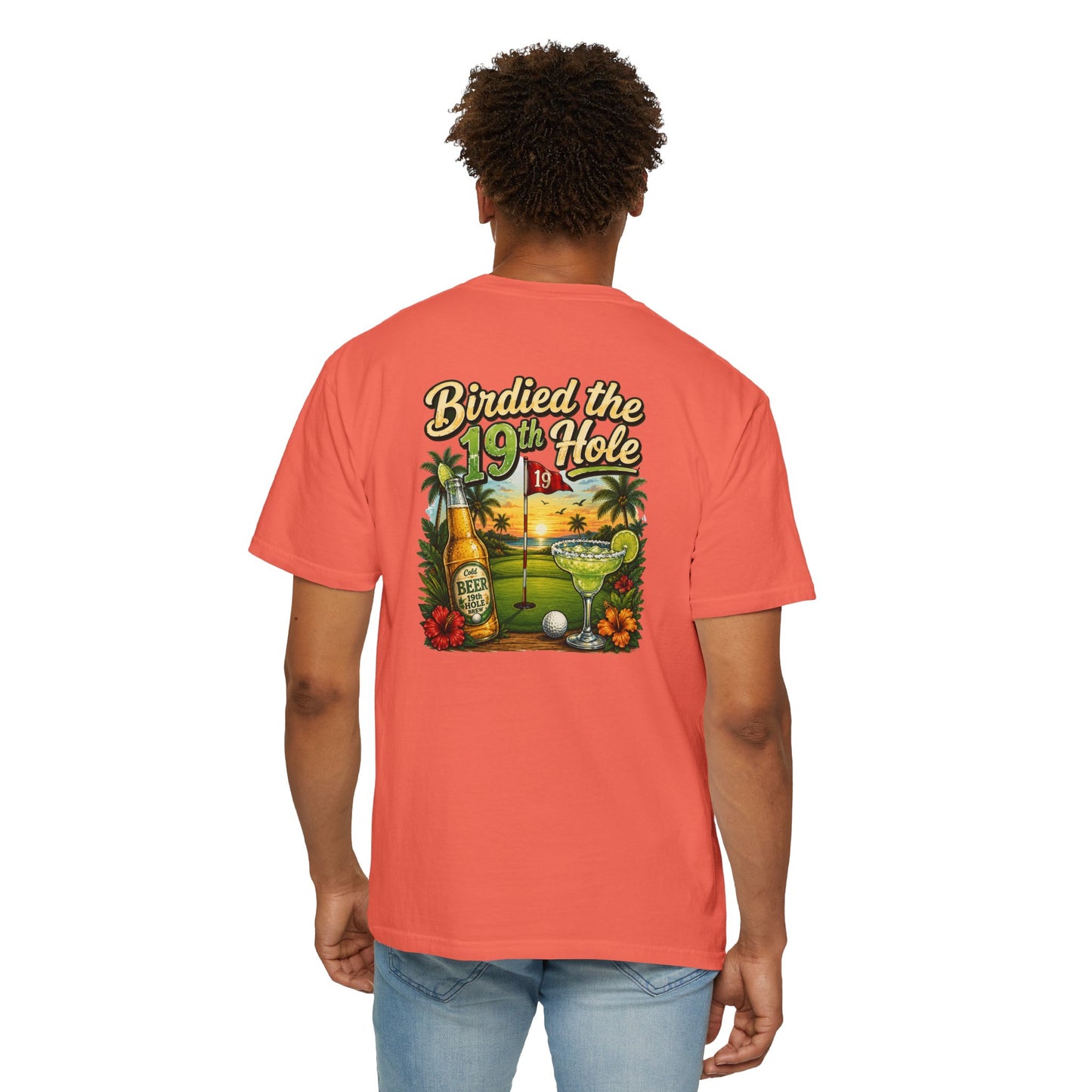 Golf T-Shirt — 'Birdied the 19th Hole' Tropical Golf Beer Design