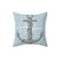 Light blue square throw pillow with nautical anchor print and rope texture