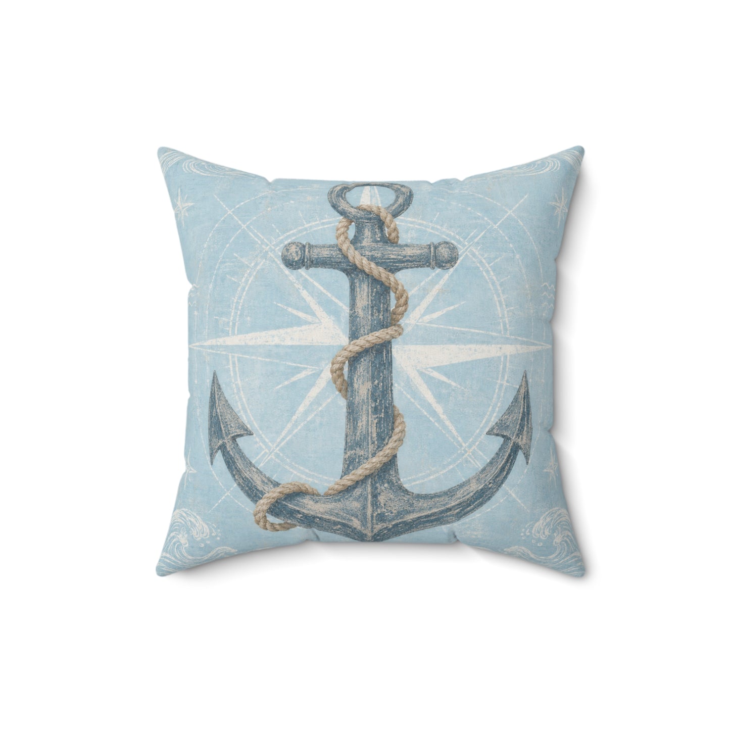 Light blue square throw pillow with nautical anchor print and rope texture
