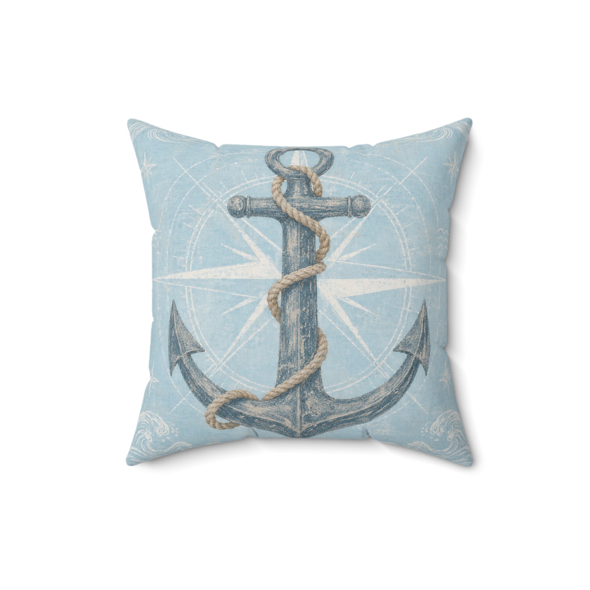 Light blue square throw pillow with nautical anchor print and rope texture