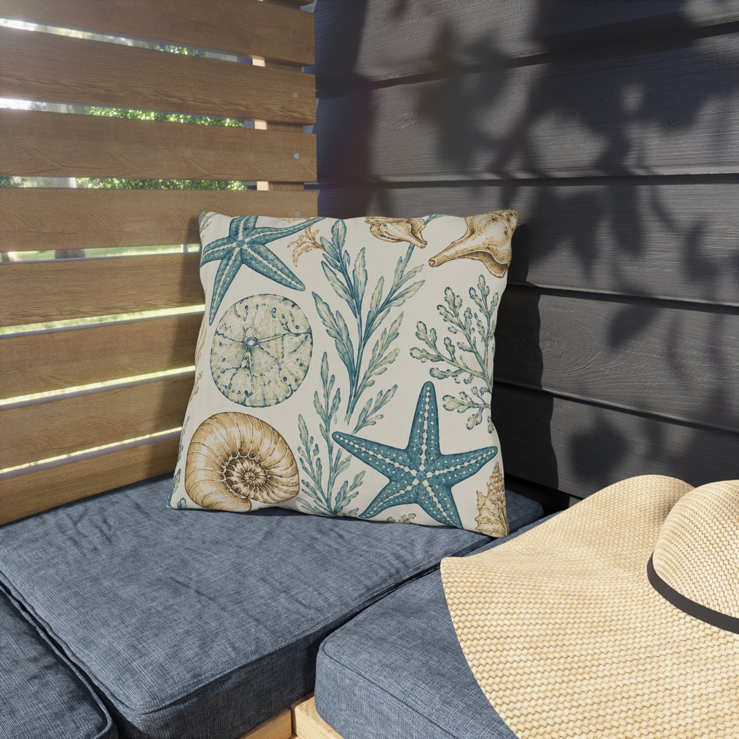 Coastal Shells Outdoor Pillow — Nautical Starfish & Seaweed Patio Cushion