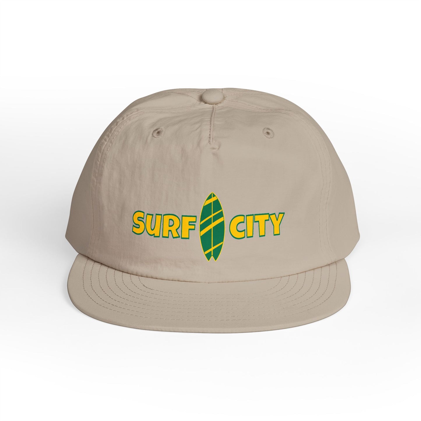 Beige cap with 'Surf City' logo on a white background