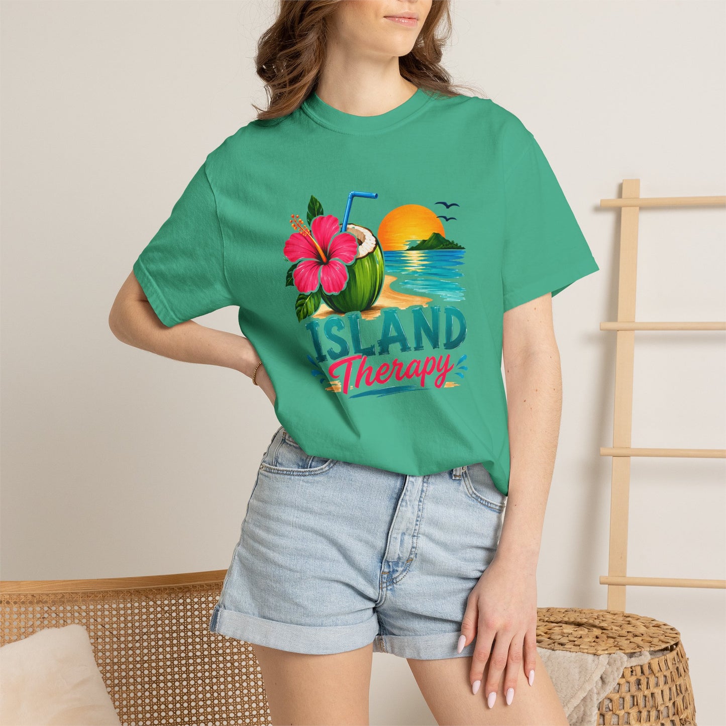 Island Therapy T‑Shirt — Tropical Sunset Coconut Drink Beach Tee