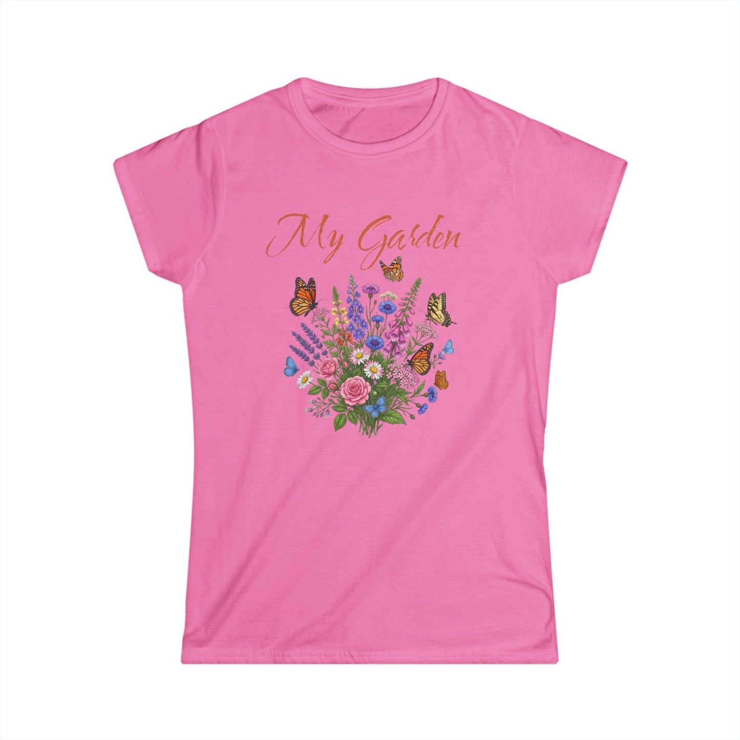 Pink t-shirt with floral design and 'My Garden' text on a white background