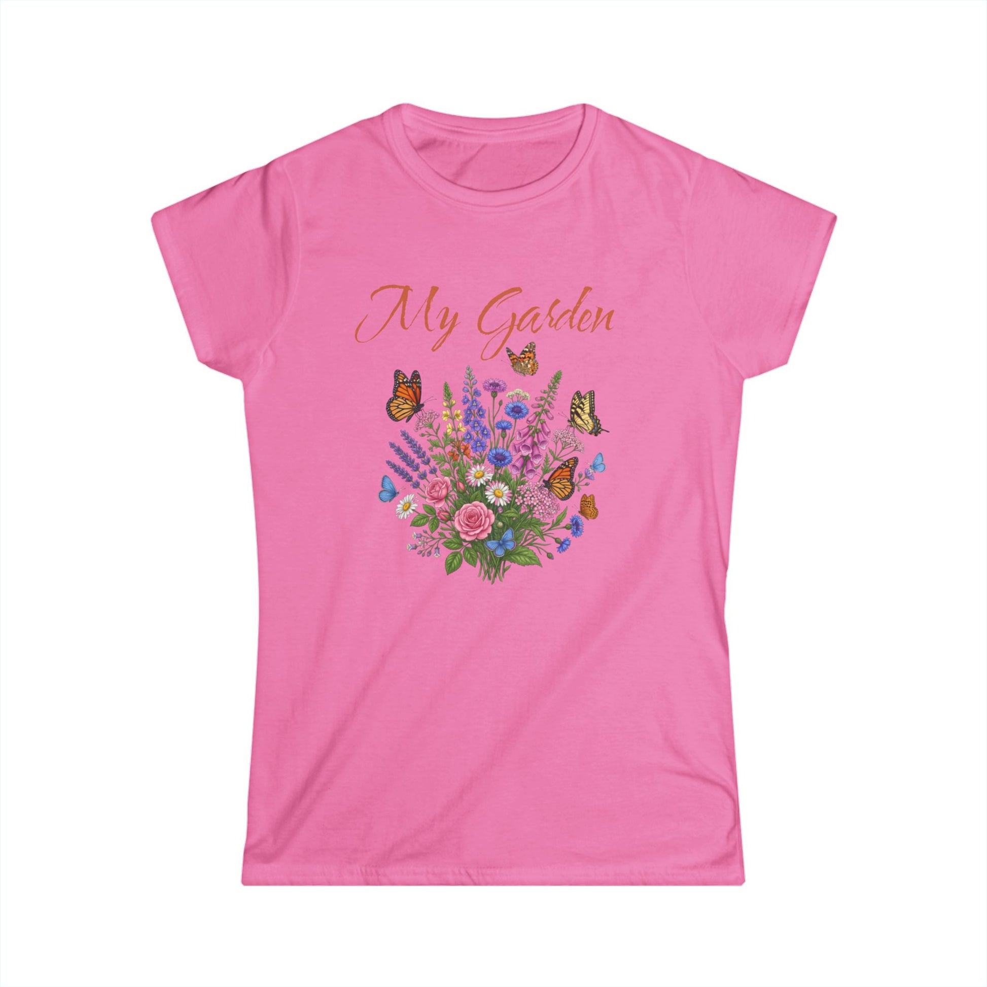 Pink t-shirt with floral design and 'My Garden' text on a white background