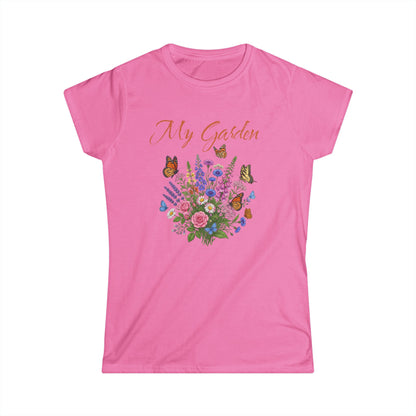 Pink t-shirt with floral design and 'My Garden' text on a white background