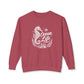 A dusty rose crewneck sweatshirt featuring a white graphic print of a seahorse, starfish, coral, and the text 'Ocean Life' on the front, displayed against a solid white background.