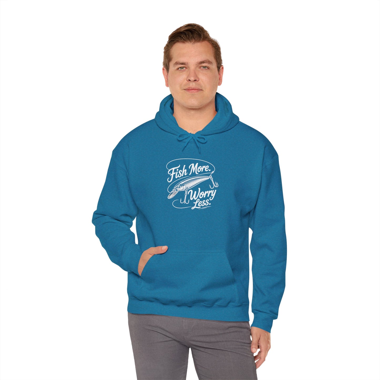 Fishing Hoodie - "Fish More Worry Less" Graphic Pullover
