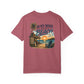 Maroon t-shirt with beach graphic and text on a white background