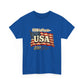 Blue t-shirt with American flag graphic and text on a white background