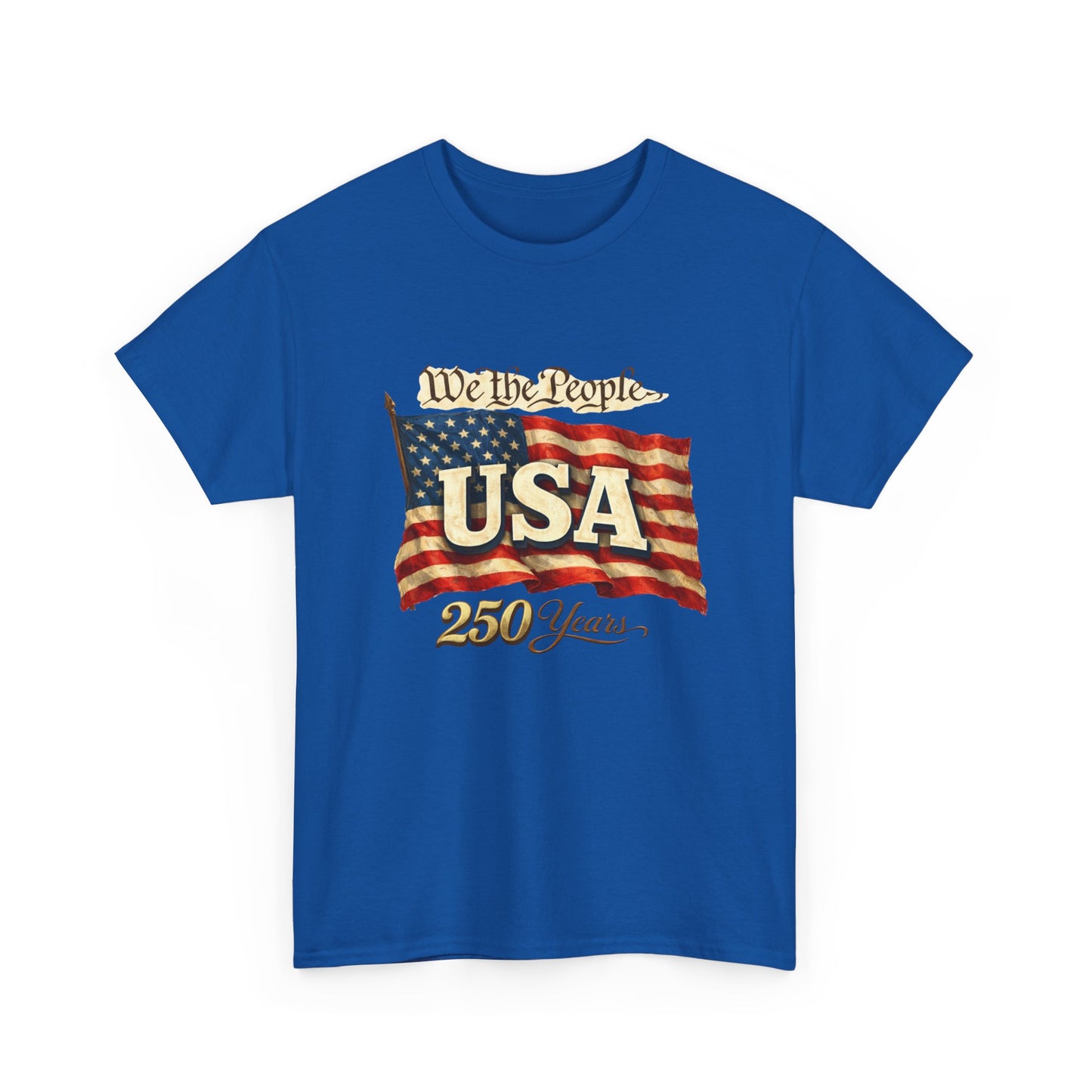 Blue t-shirt with American flag graphic and text on a white background