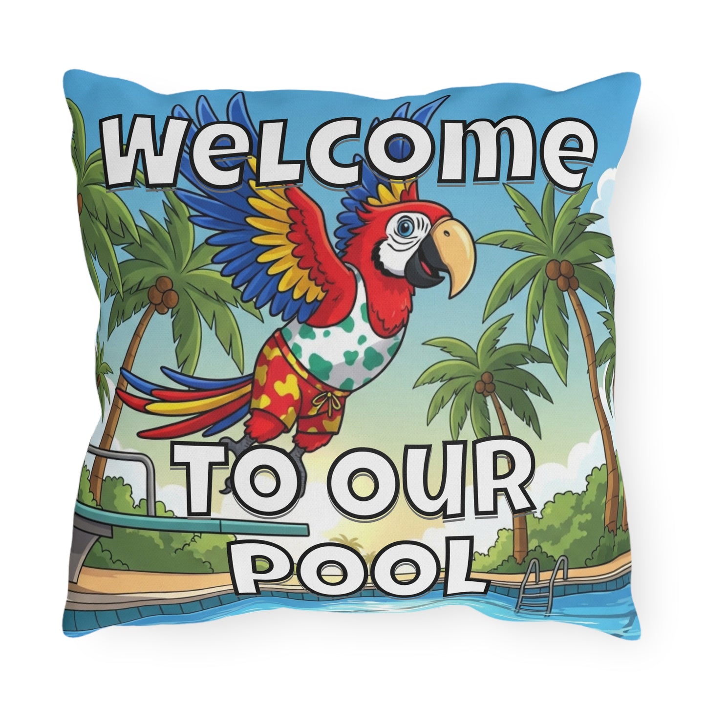 Welcome To Our Pool Outdoor Pillow — Tropical Parrot Poolside Decorative Cushion