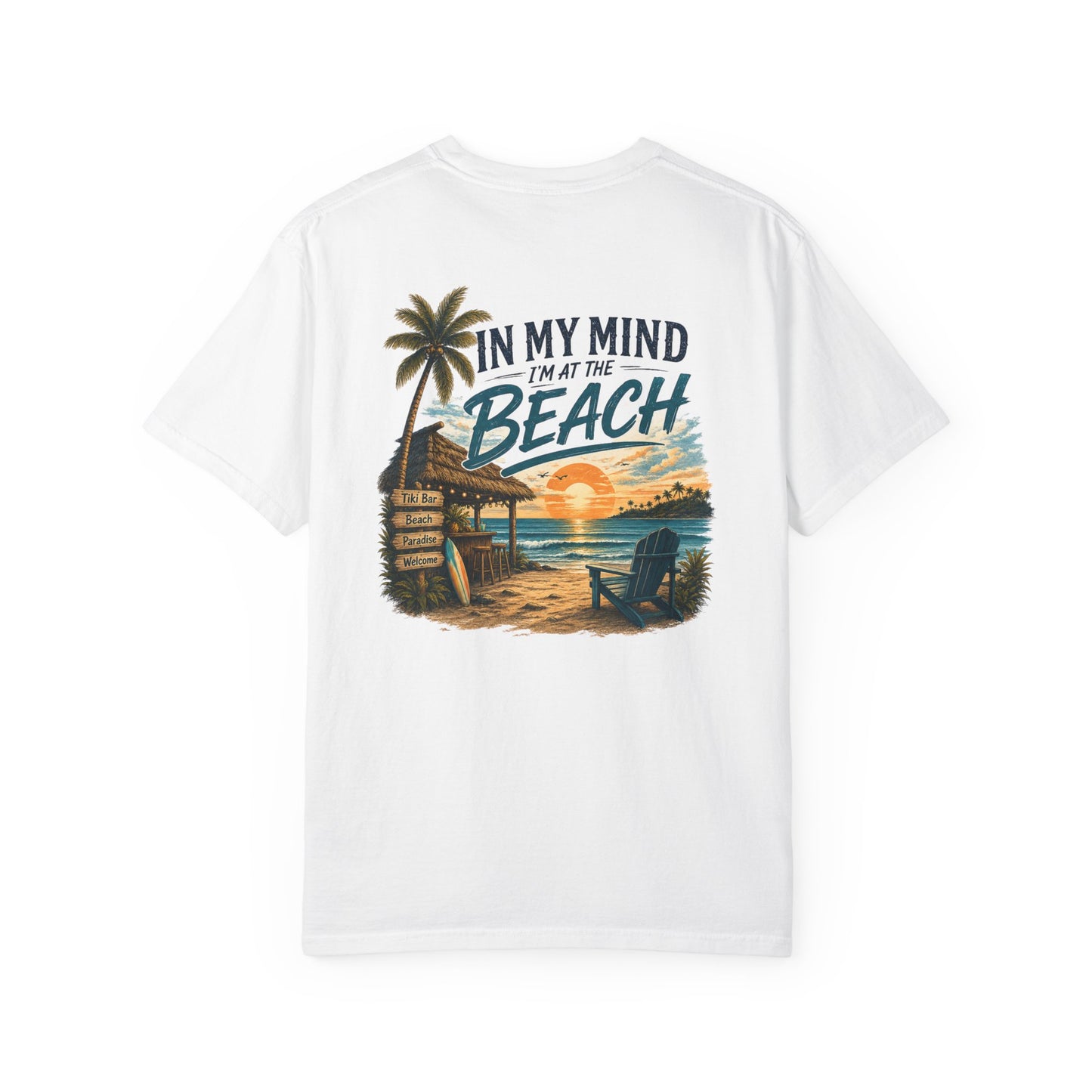 White t-shirt with beach graphic and text 'In my mind I'm at the beach' on a white background
