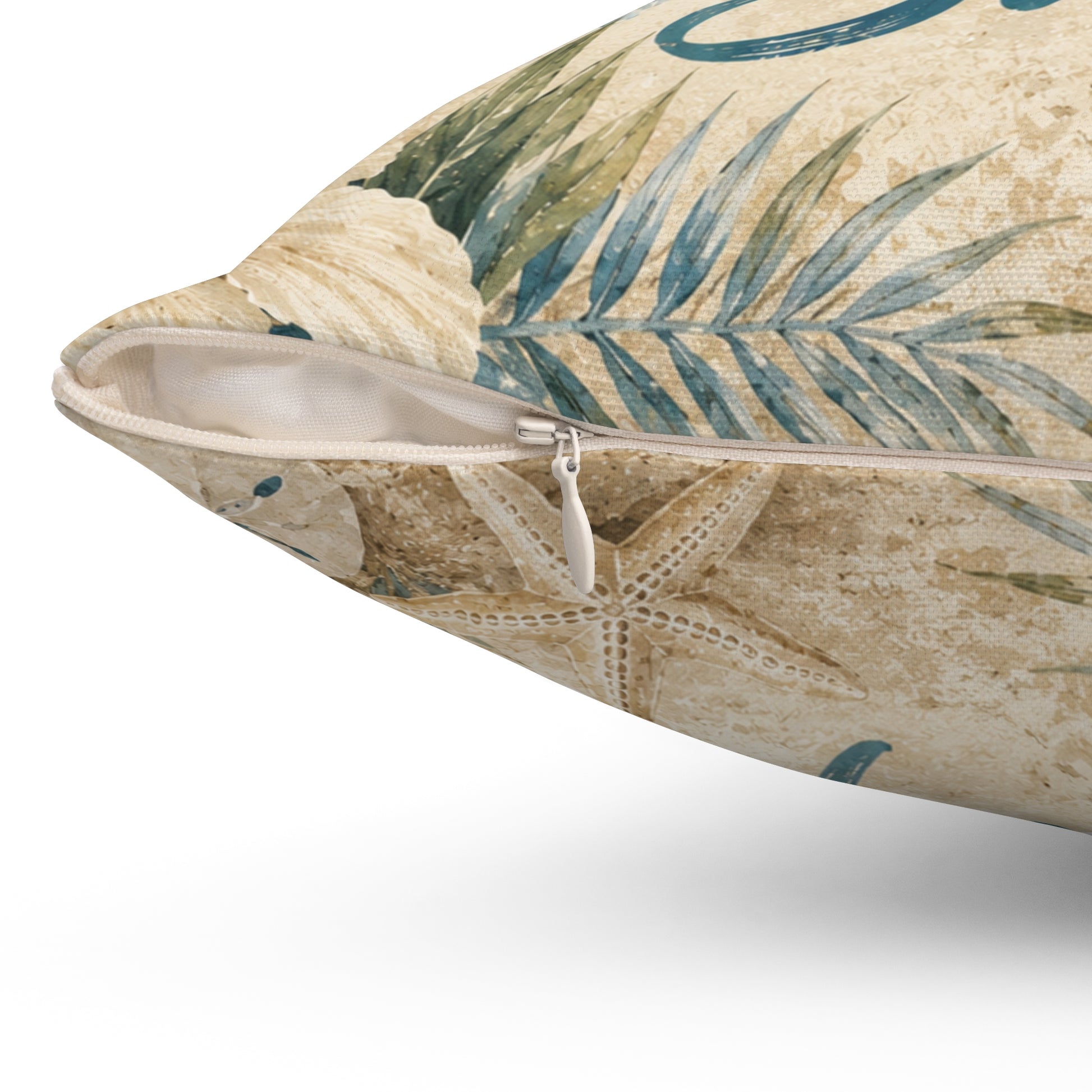 Square polyester pillow, tropical coastal print (zipper shown)