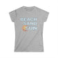 Gray t-shirt with 'Beach Sand Sun' text and sun graphic on a white background