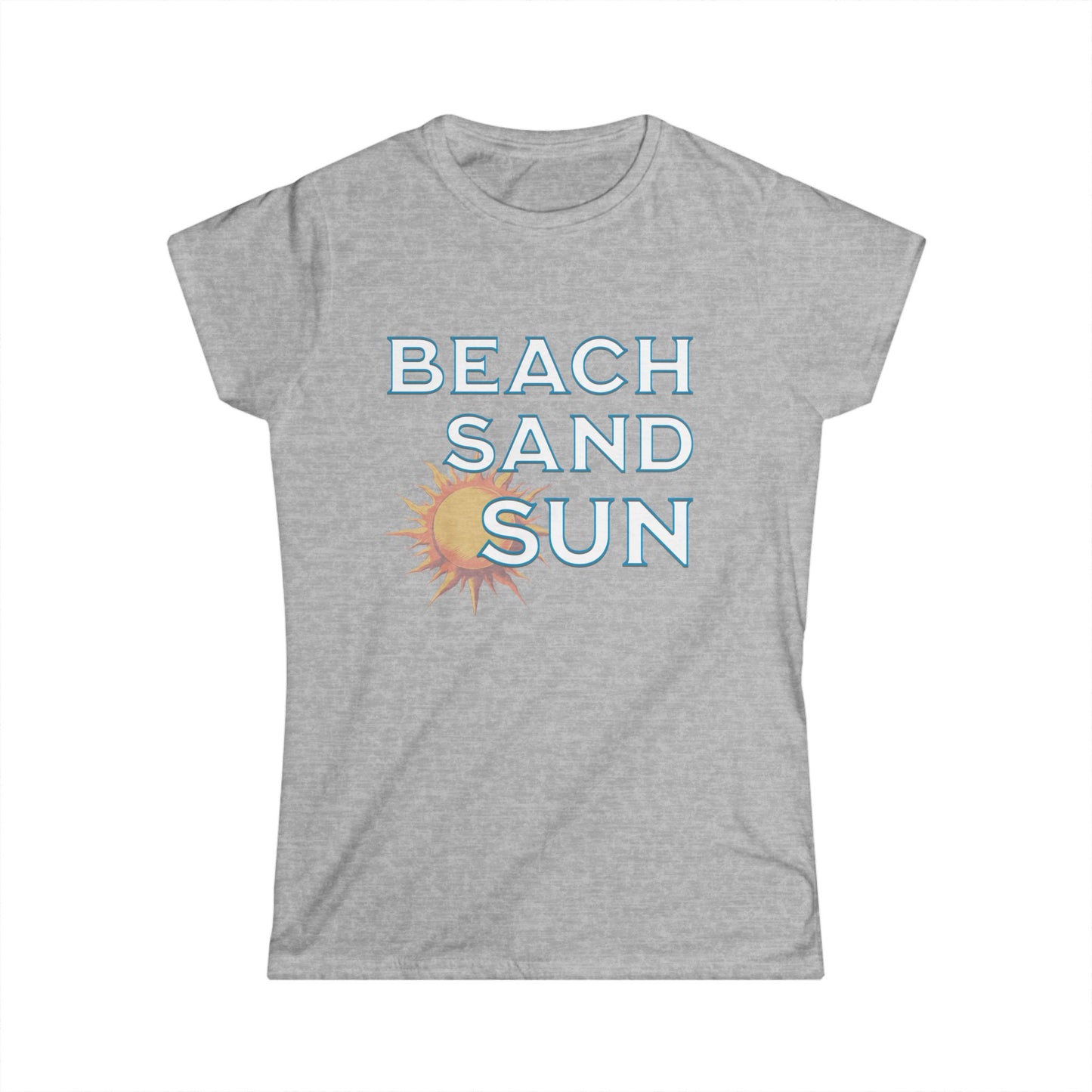 Gray t-shirt with 'Beach Sand Sun' text and sun graphic on a white background