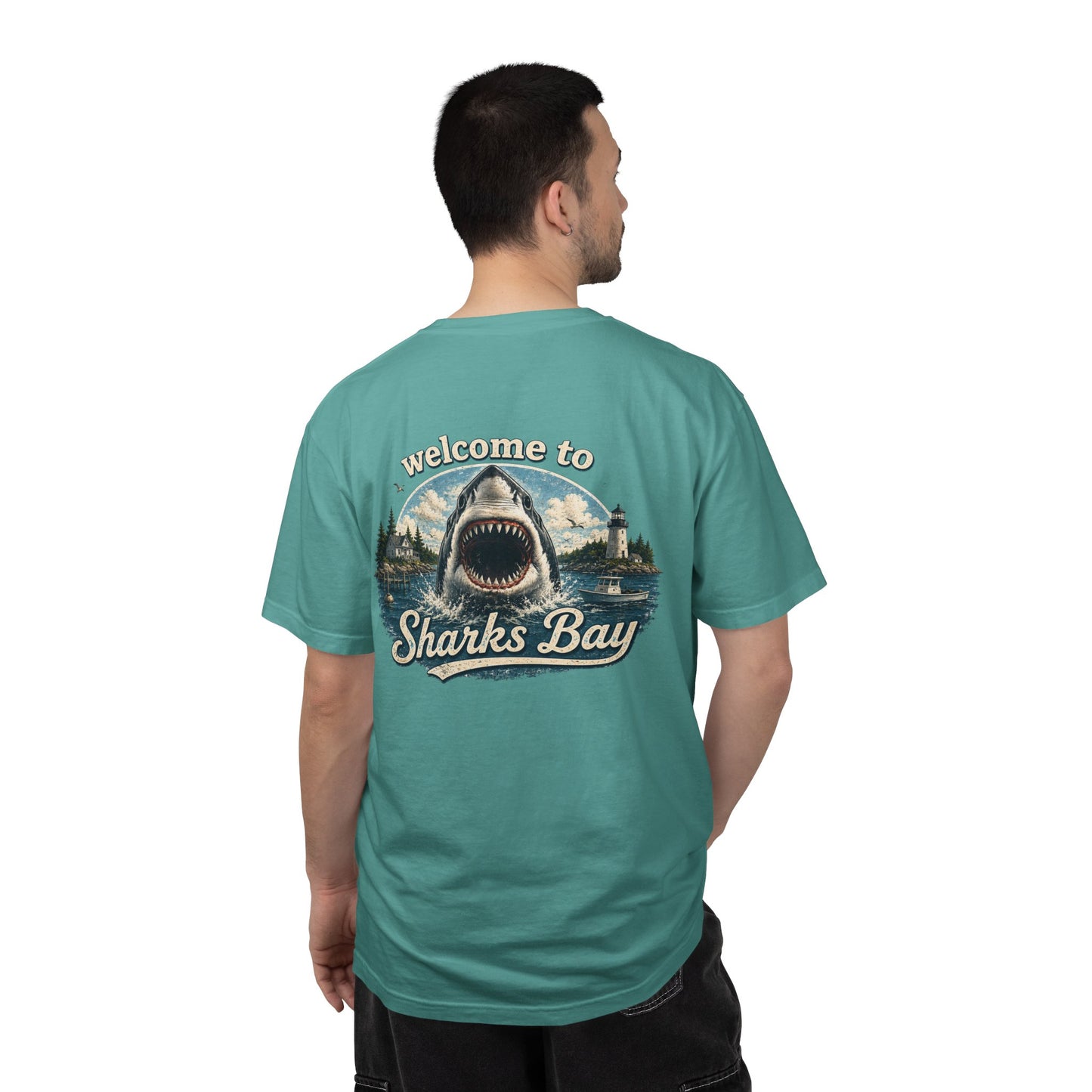 Sharks Bay T-Shirt — "Welcome to Sharks Bay" Vintage Shark Graphic Tee