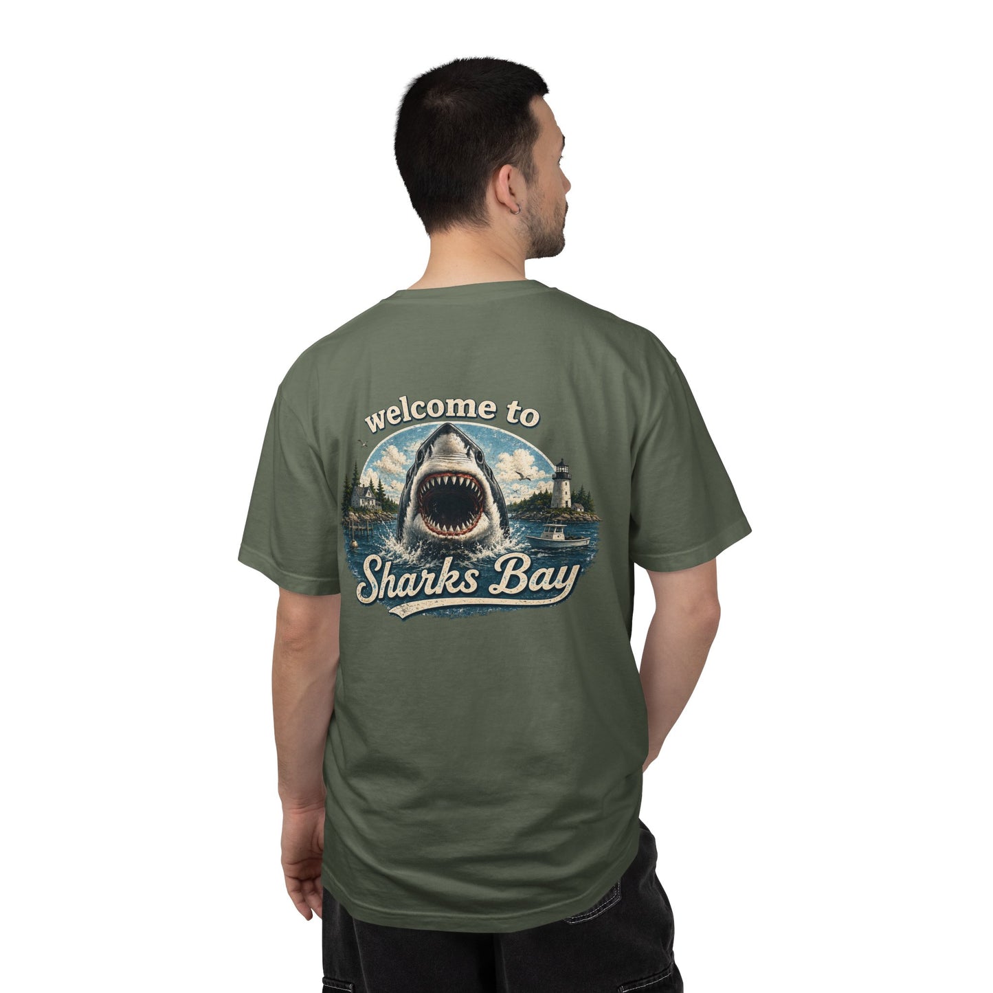 Sharks Bay T-Shirt — "Welcome to Sharks Bay" Vintage Shark Graphic Tee
