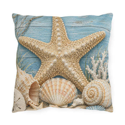 Coastal Starfish Outdoor Pillow — Beach Seashell Patio Cushion