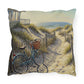 Decorative pillow with a beach scene featuring a bicycle and a house.