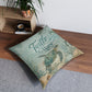 Square turquoise tufted floor pillow with sea turtle artwork and “Turtle Bay” text