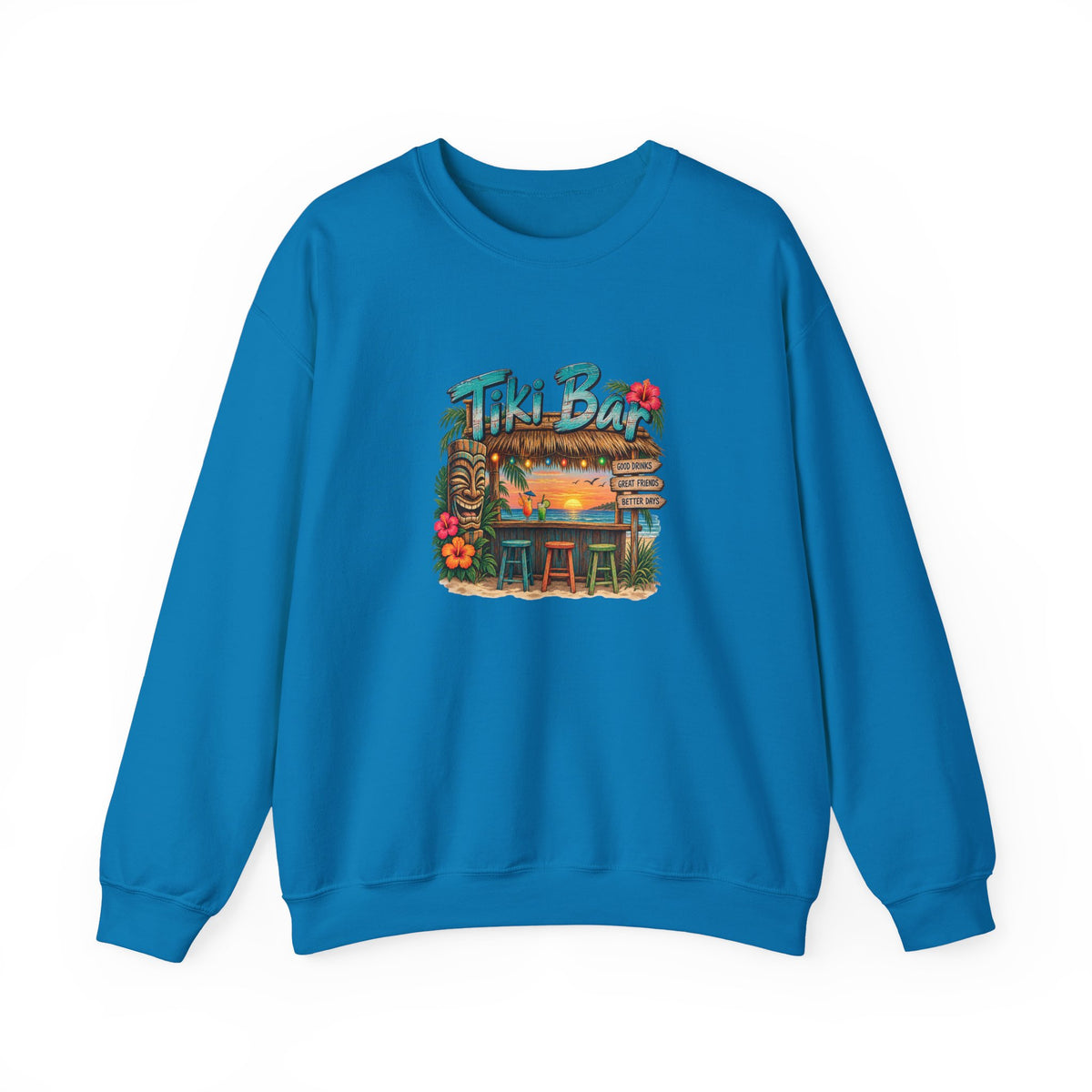 Tiki Bar Crewneck Sweatshirt — Retro Tropical Sunset Design