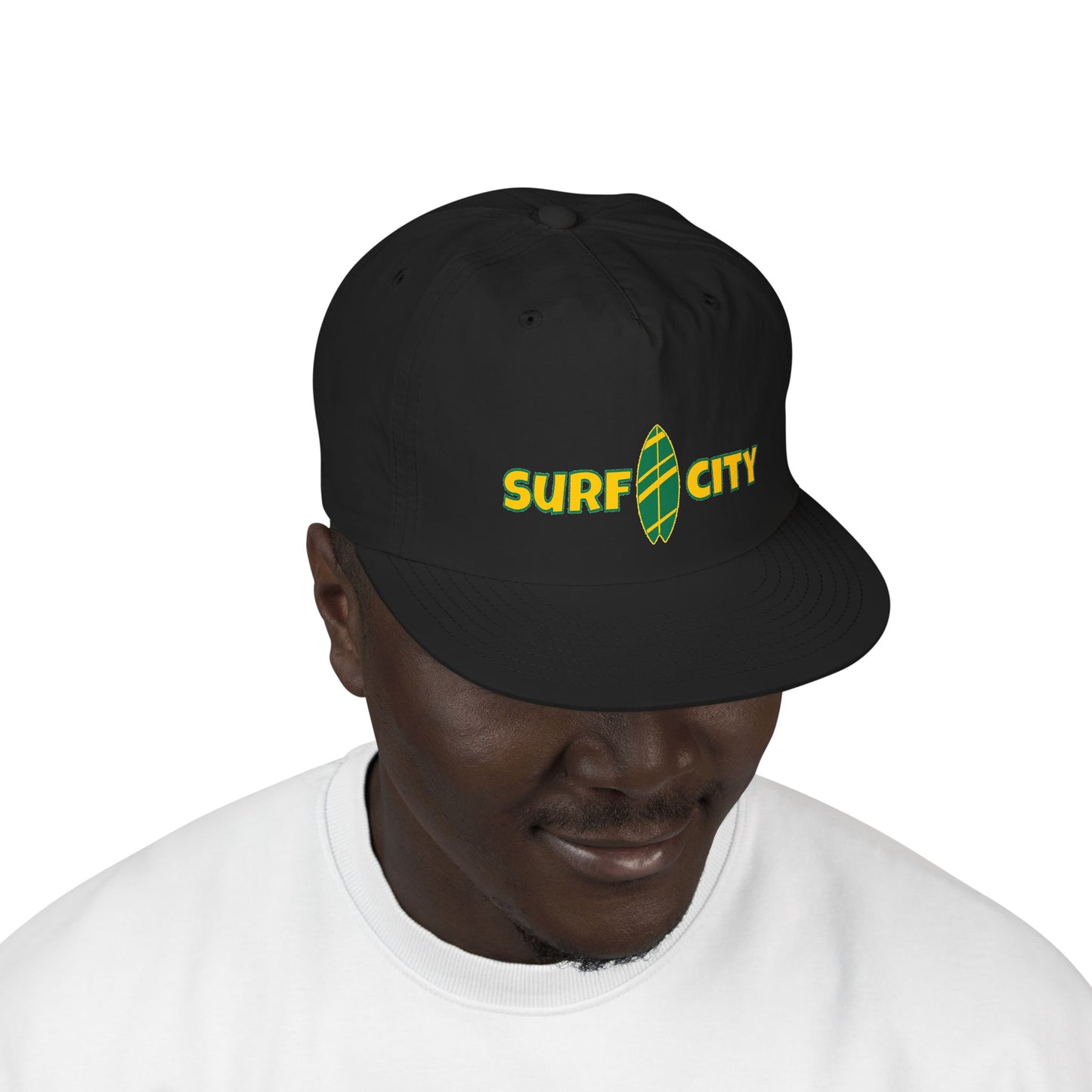 Surf City Embroidered Surf Cap — Retro Surfboard Logo Hat