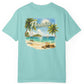 Turquoise t-shirt with a tropical beach graphic and 'Paradise' text on a white background