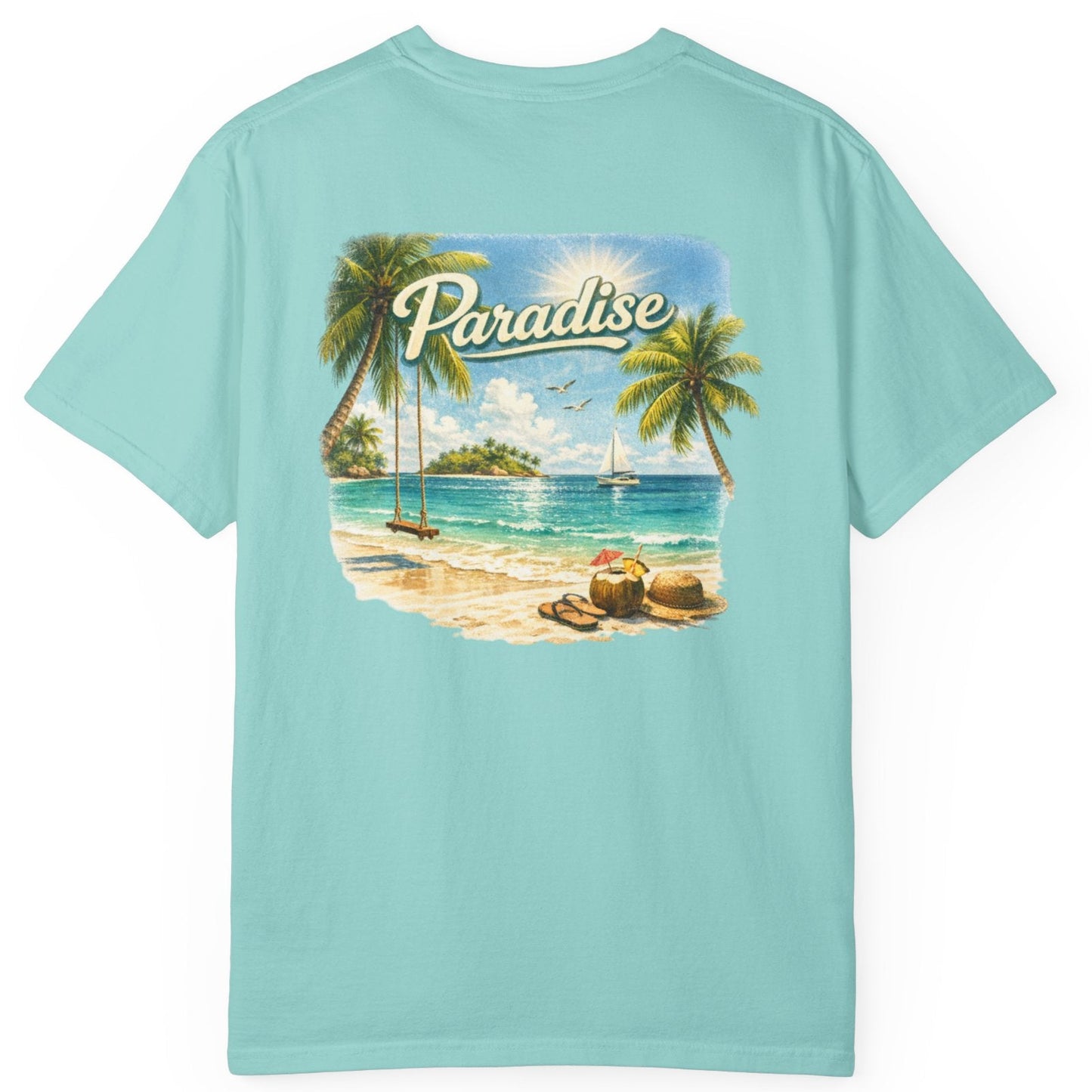 Turquoise t-shirt with a tropical beach graphic and 'Paradise' text on a white background