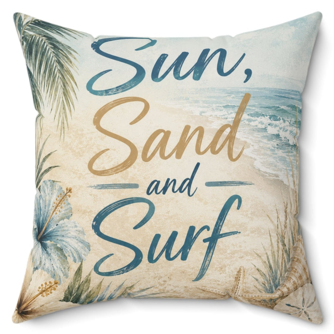 A square decorative throw pillow featuring a beach-themed print with the words 'Sun, Sand and Surf' in blue and gold lettering, surrounded by palm leaves and ocean waves on a light beige background.