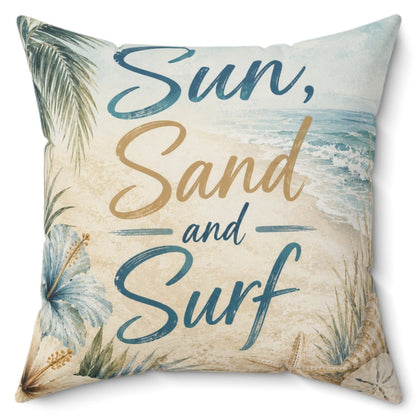 A square decorative throw pillow featuring a beach-themed print with the words 'Sun, Sand and Surf' in blue and gold lettering, surrounded by palm leaves and ocean waves on a light beige background.