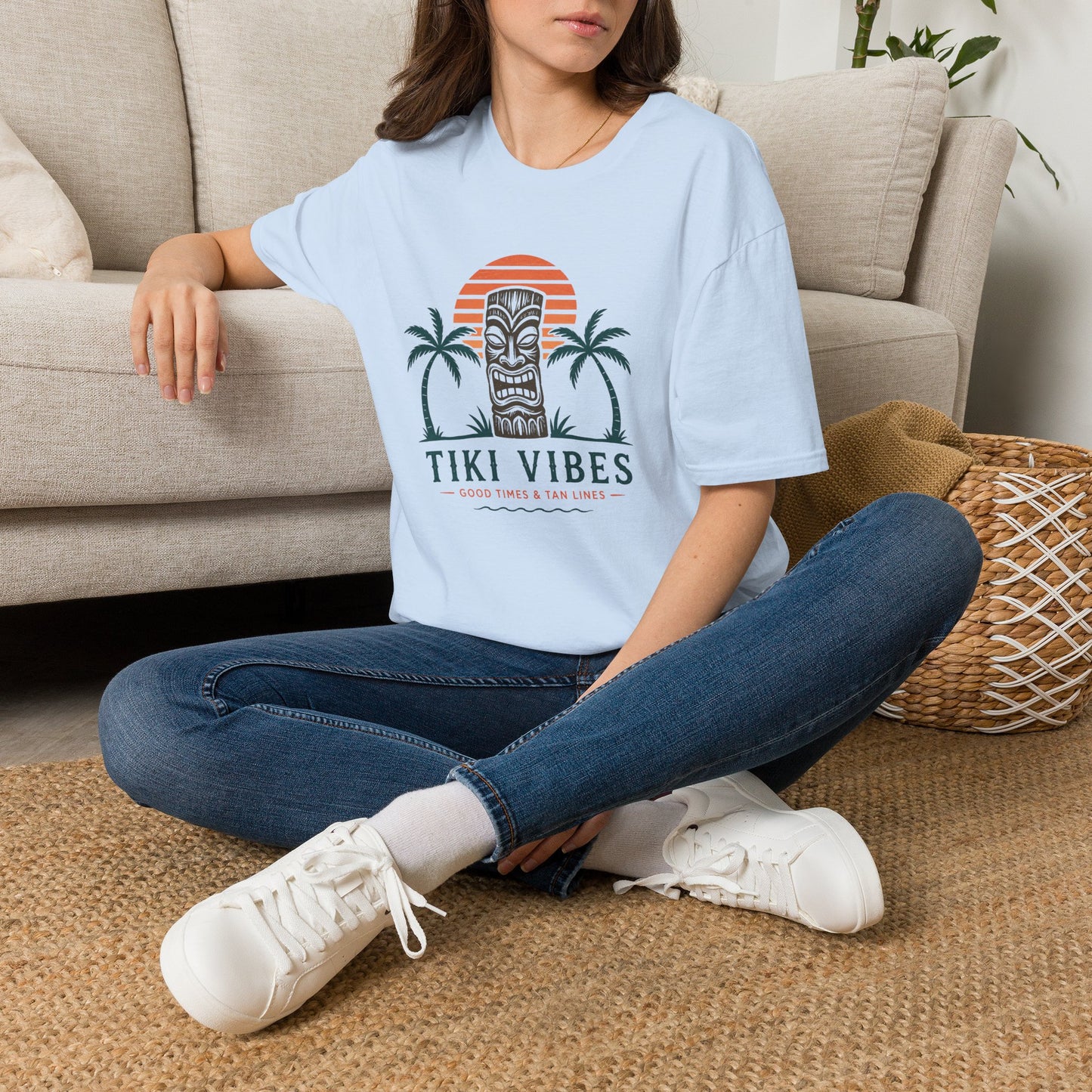 Tiki Vibes Sunset Tee (Palm Trees & Tiki Mask)