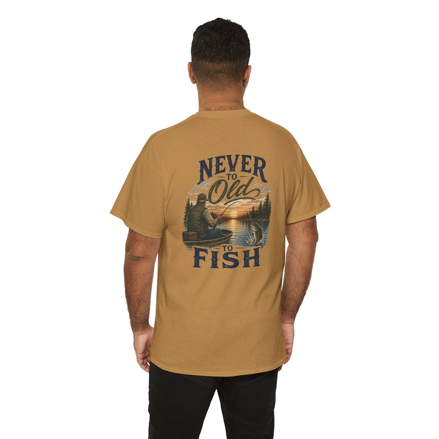 T-Shirt — "Never Too Old to Fish" Fishing Tee (Sunset Lake Design)