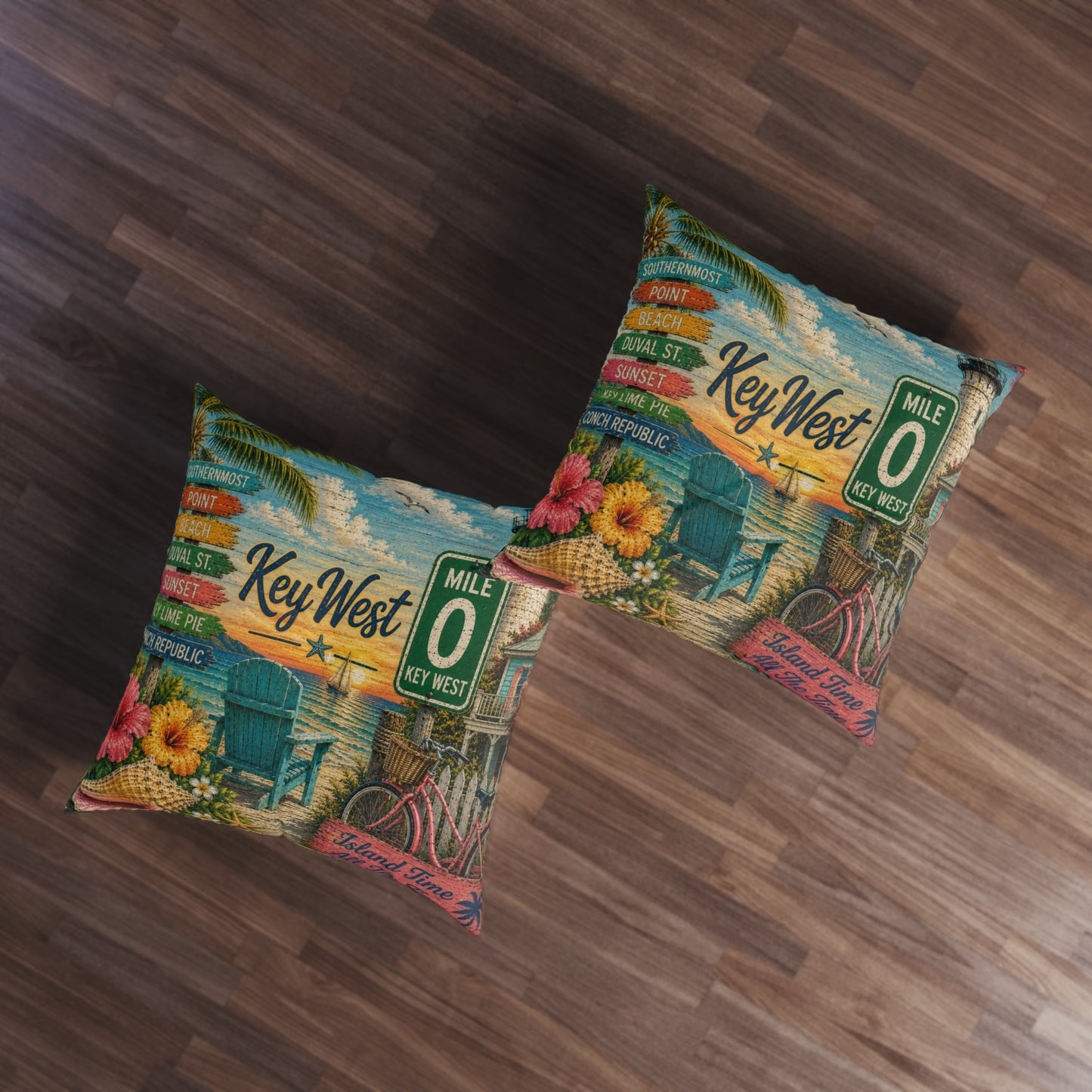 Square tufted floor pillow, Key West themed print with teal chair scene, shown at an angle.