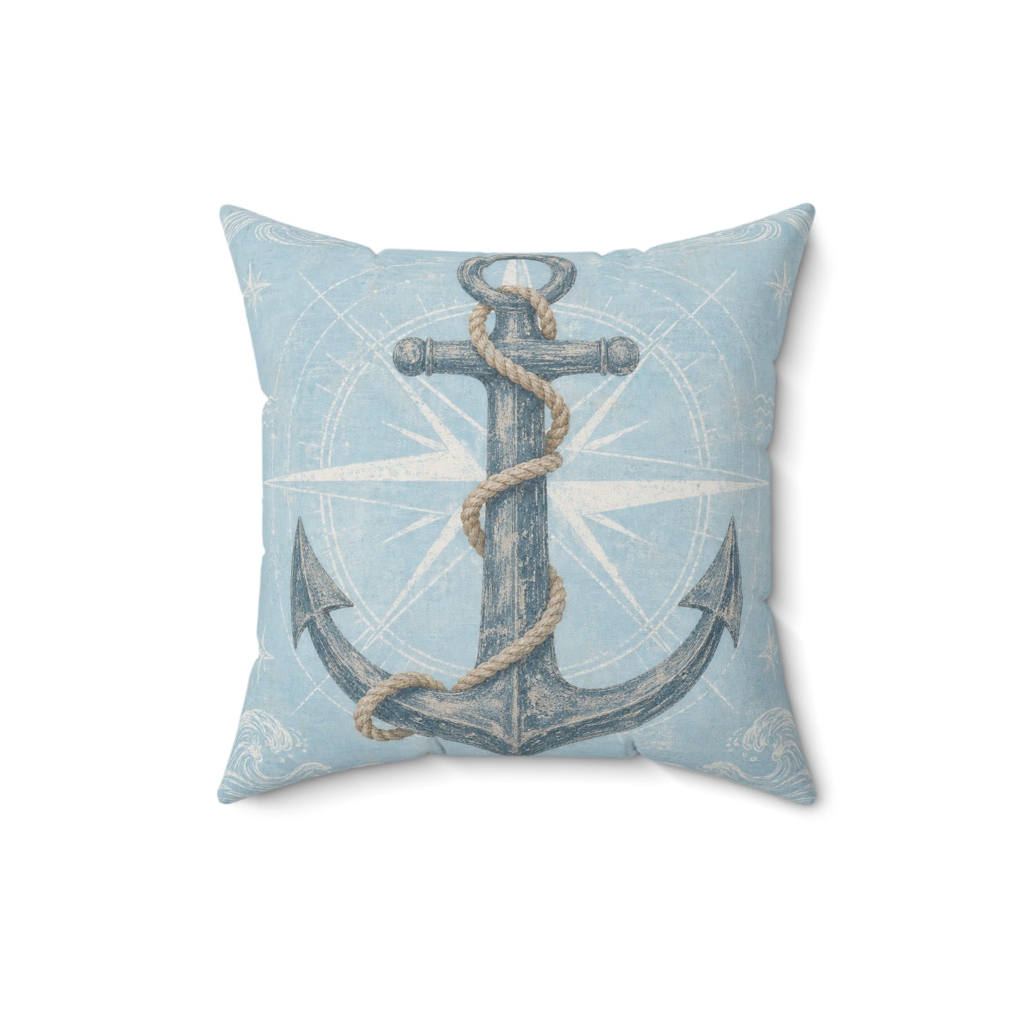 Light blue square pillow with stitched nautical anchor and rope detail