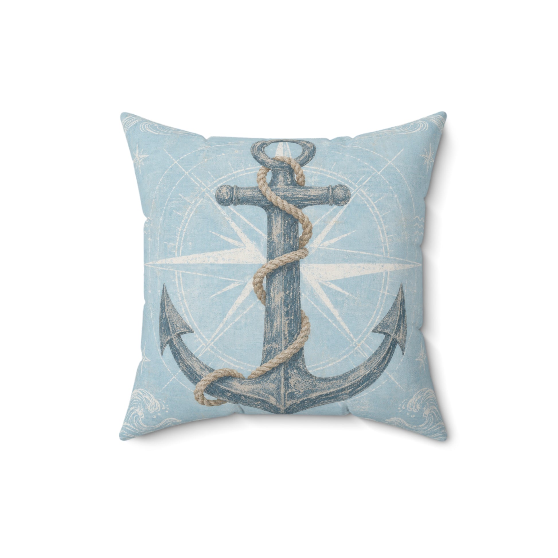 Light blue square pillow with stitched nautical anchor and rope detail
